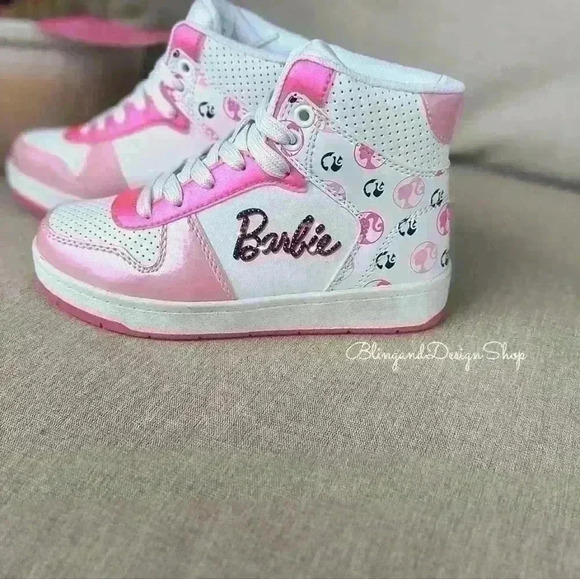Bling Girls Barbie Pink High Top Sneakers Made with Black Crystals Girls Shoes - Picture 5 of 8